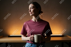 Woman holding mug wearing maroon t-shirt denim Product Image 1