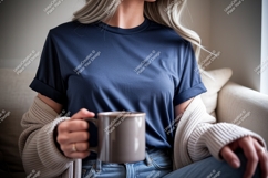 Woman wearing navy blue t shirt holding mug mockup Product Image 1
