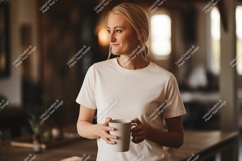 Woman wearing white t shirt holding mug t-shirt Product Image 1