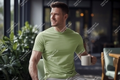 Man wearing green t shirt holding coffee mug image Product Image 1