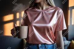Woman holding steaming mug wearing pink satin shirt Product Image 1