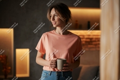 Woman holding mug wearing casual shirt image Product Image 1