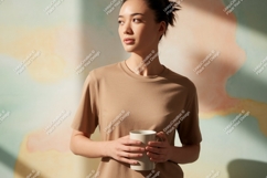 Woman holding mug light brown shirt image Product Image 1