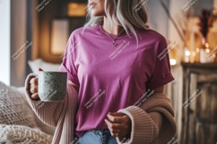 Woman holding mug wearing pink t shirt image Product Image 1