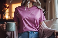 Woman wearing pink t shirt and jeans image Product Image 1