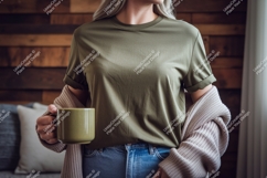 Woman wearing olive green t shirt and cardigan image Product Image 1
