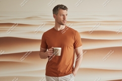 Woman wearing purple t shirt holding mug image Product Image 1