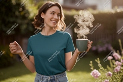 Woman holding steaming coffee cup outdoors image Product Image 1