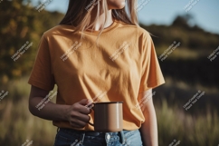 Woman wearing mustard t shirt holding mug image Product Image 1