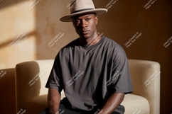 Man wearing hat and t shirt clothing Product Image 1