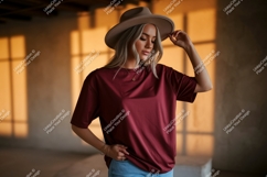 Woman wearing maroon t shirt and hat image Product Image 1