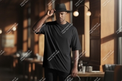 Man wearing black t-shirt and hat indoors Product Image 1