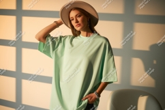 Woman wearing purple t shirt and hat image Product Image 1