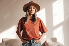 Woman wearing terracotta t shirt and brown hat image Product Image 1