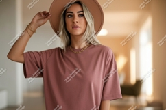 Woman wearing rose t-shirt and hat gold Product Image 1