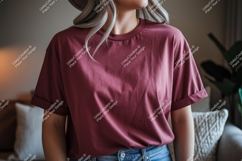 Woman wearing maroon t shirt with rolled sleeve Product Image 1