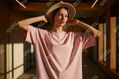 Pink shirt mockup with woman wearing hat Product Image 1