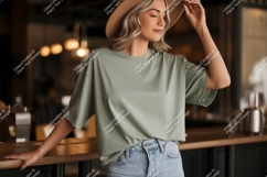 Woman wearing casual green t shirt and hat image Product Image 1