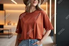 Woman wearing terracotta t shirt and denim image Product Image 1