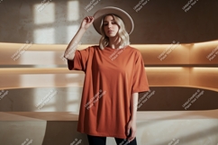 Woman wearing terracotta t shirt and hat image Product Image 1