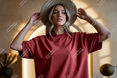 Woman wearing terracotta t-shirt and hat fashion Product Image 1