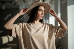 Woman wearing beige t shirt and hat Product Image 1