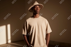 Man wearing neutral colored t-shirt and hat fashion Product Image 1