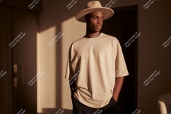 Man wearing beige t shirt and hat image Product Image 1
