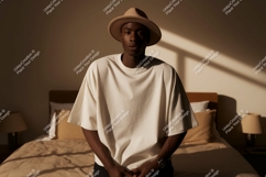 Man wearing hat and t shirt clothing Product Image 1