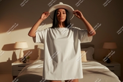 Woman wearing white t shirt and hat t-shirt fashion Product Image 1