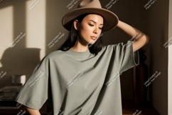 Woman wearing casual t shirt and hat image Product Image 1