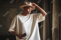 Man wearing hat and t shirt clothing Product Image 1