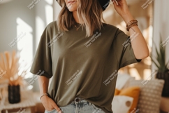 Woman wearing olive green t shirt and denim image Product Image 1