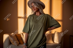 Woman wearing olive green t shirt and hat image Product Image 1