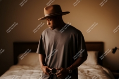 Man wearing fedora and t shirt t-shirt brown Product Image 1