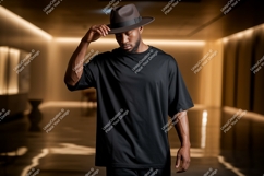 Man wearing black t shirt and brown fedora image Product Image 1