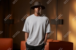 Man wearing grey t shirt and hat t-shirt fashion Product Image 1