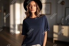 Woman wearing navy t shirt and black hat image Product Image 1