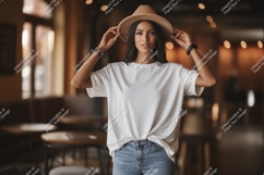 Woman wearing white t-shirt and hat denim Product Image 1