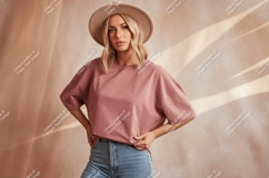 Woman wearing pink t shirt and hat image Product Image 1
