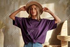 Woman in beige sweatshirt indoors mockup Product Image 1