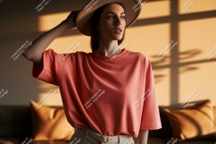 Woman wearing coral t shirt and hat image Product Image 1
