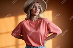 Woman wearing coral t shirt and hat image Product Image 1