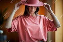 Woman wearing pink hat and t shirt image Product Image 1