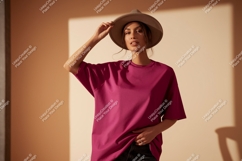 Woman wearing magenta t-shirt and hat fashion Product Image 1