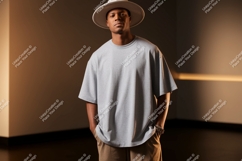 Man wearing grey t shirt and hat t-shirt fashion Product Image 1