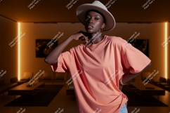 Woman wearing oversized peach t-shirt and hat fashion Product Image 1