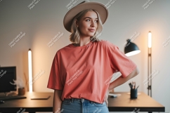 Woman wearing coral t shirt and hat image Product Image 1