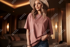 Woman wearing pink t shirt and hat image Product Image 1