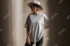 Woman wearing grey t shirt and hat image Product Image 1